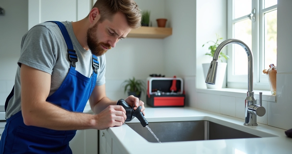 Técnico profissional examinando encanamento de pia da cozinha aberta.
