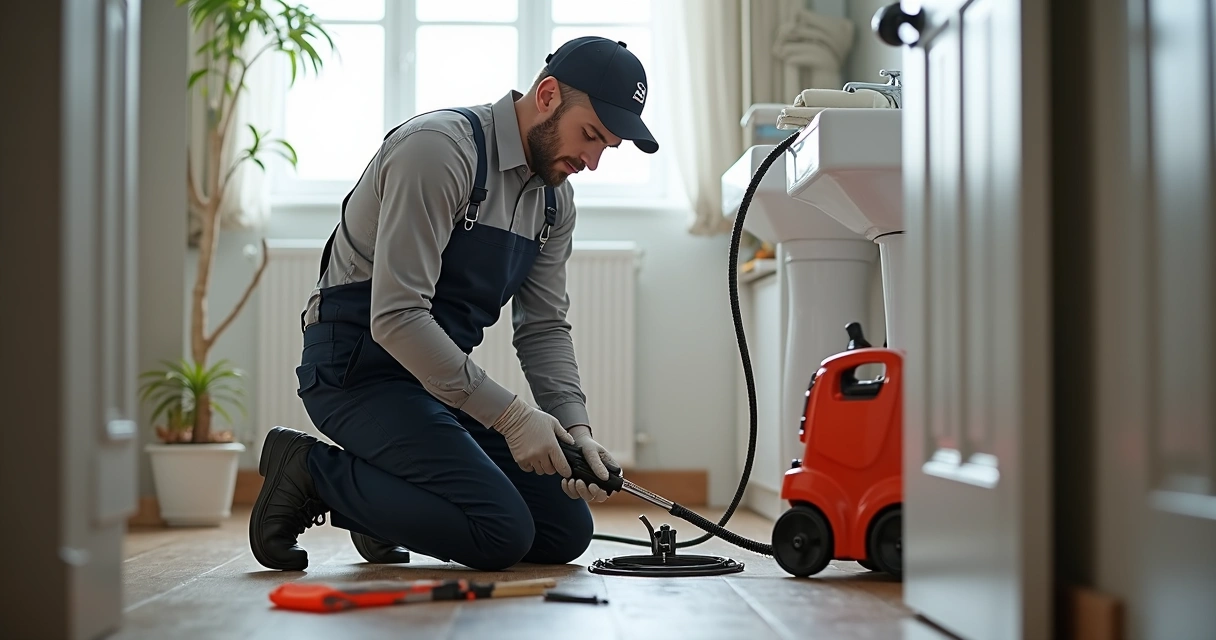 Técnico de desentupimento a trabalhar numa casa 
