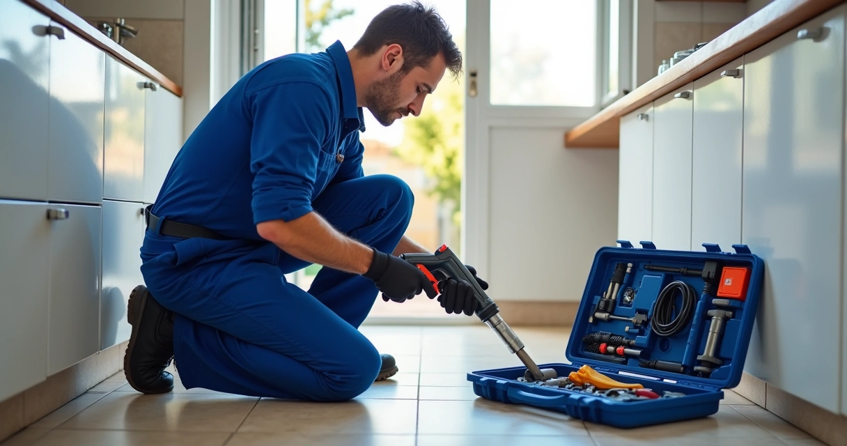 Técnico de desentupimento examinando cano entupido numa casa 
