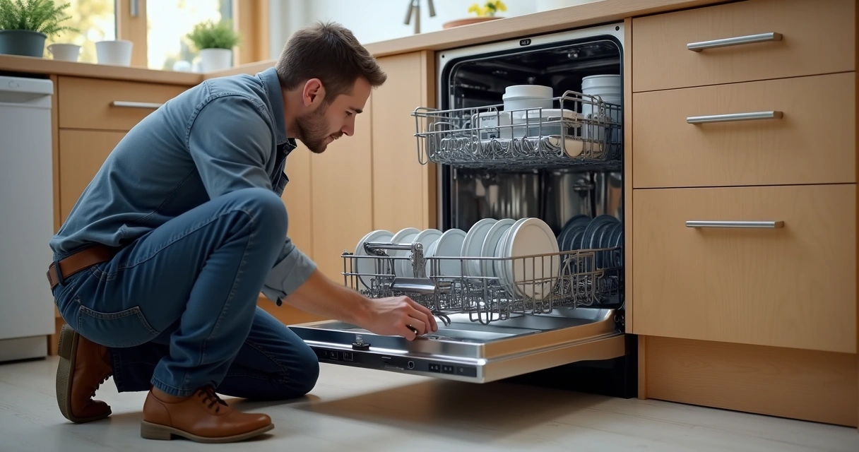 Técnico reparando máquina de lavar louça em cozinha moderna 