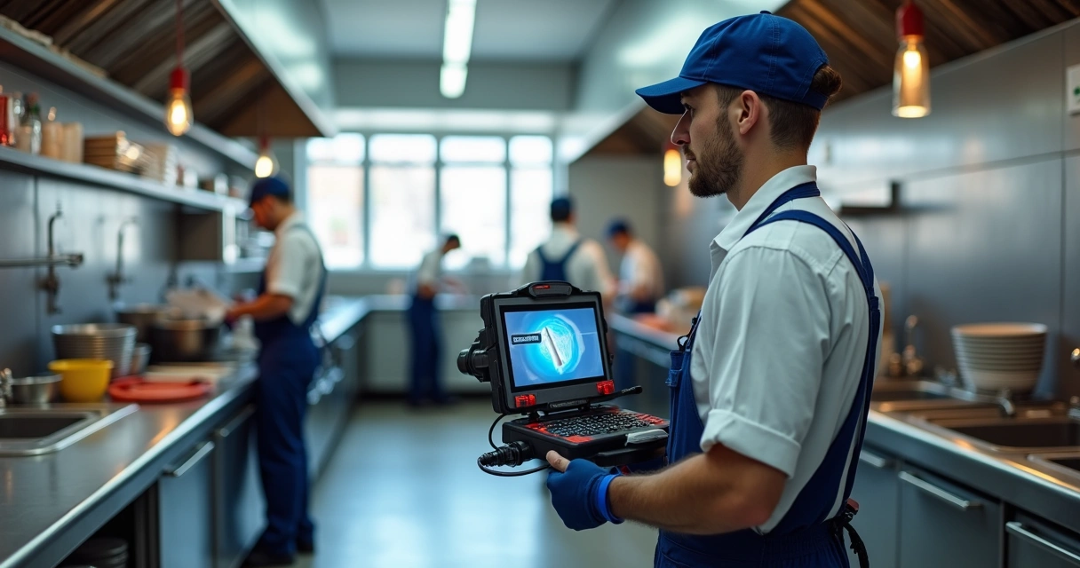 Técnico de desentupimento a analisar canalização de restaurante 