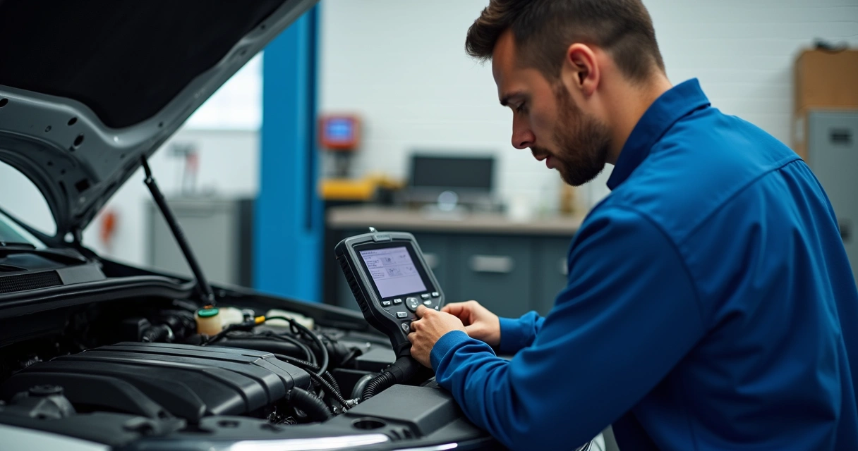 Técnico operando leitor de diagnóstico eletrônico no motor de um carro