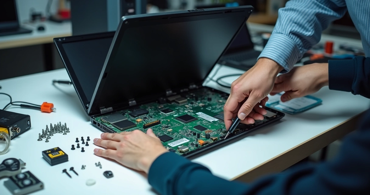 Técnico avaliando notebook aberto em bancada