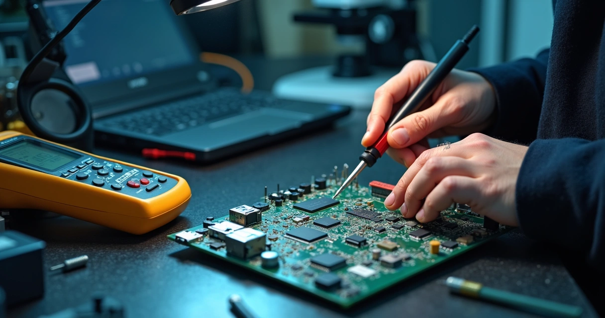 Técnico analisando placa-mãe com instrumentos de bancada 