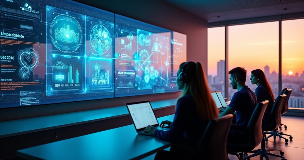 Grupo de estudantes em laboratório digital acompanhando painel com áreas técnicas em destaque 