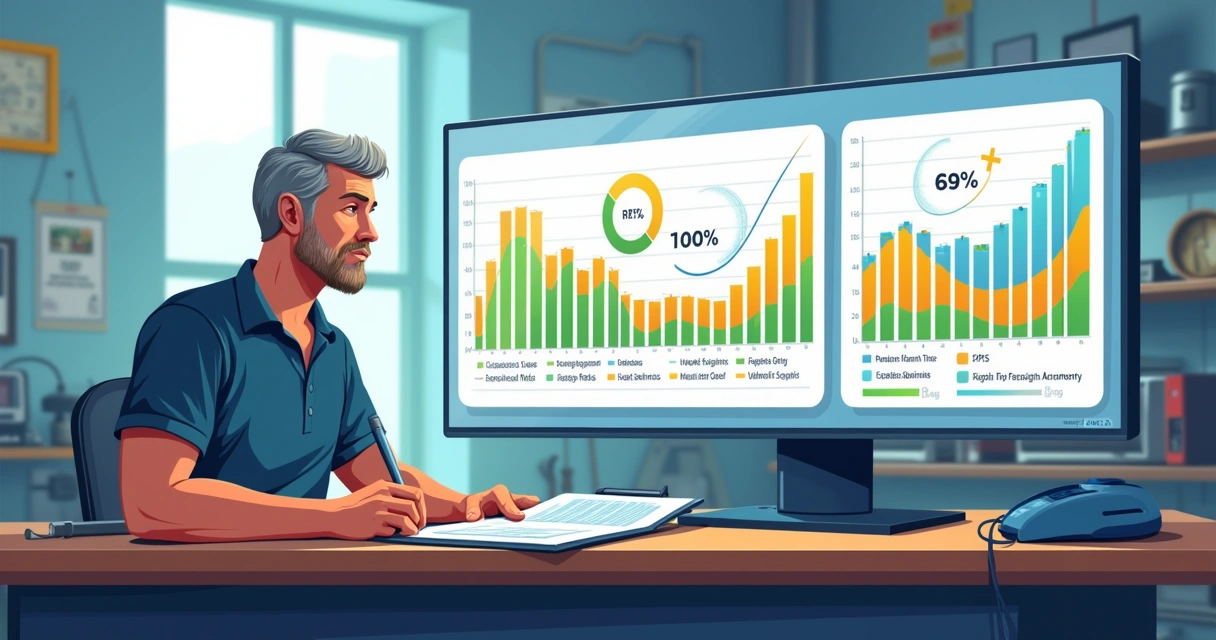 Técnico em oficina analisando indicadores de desempenho em uma tela grande e colorida.