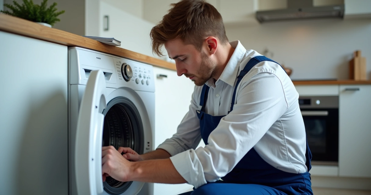 Técnico reparando máquina de lavar em cozinha residencial 