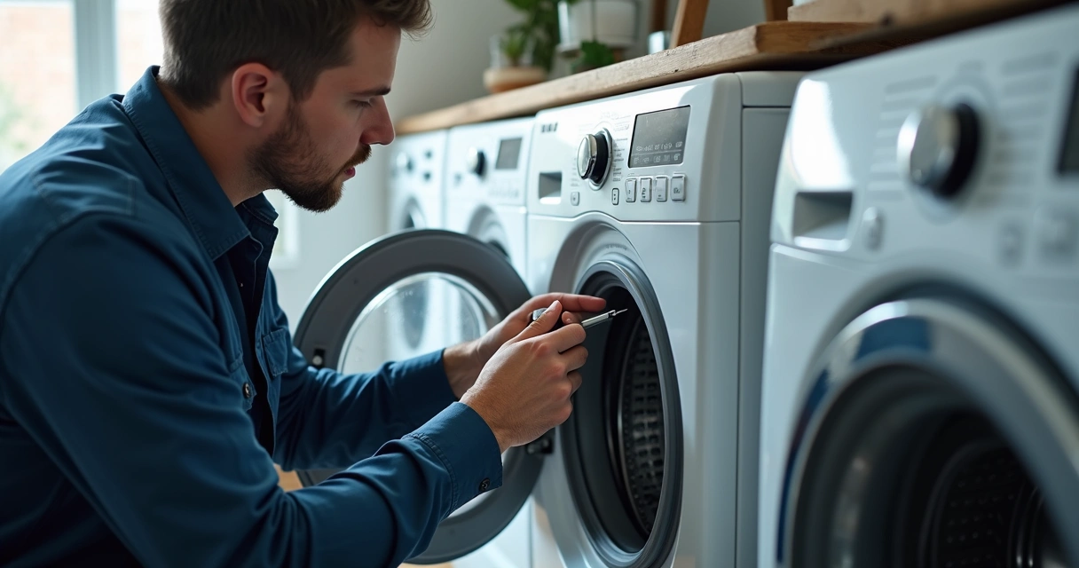Técnico experiente examinando painel de lavadora 
