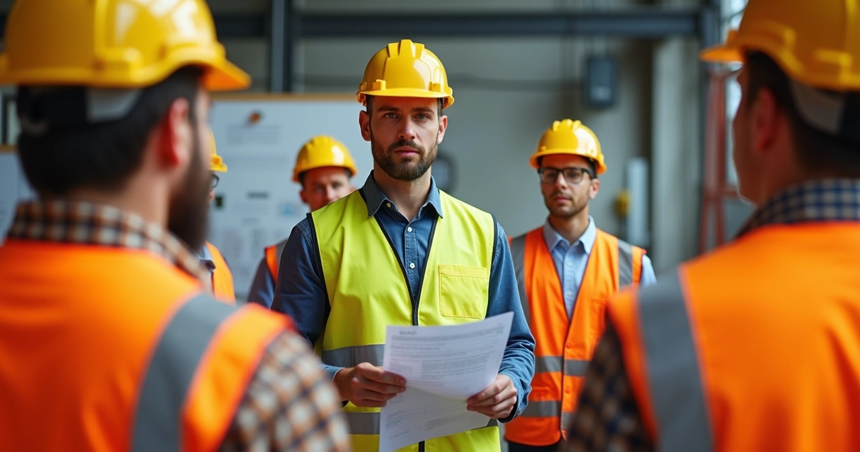 Profissional de segurança do trabalho orientando equipe em seu ambiente 