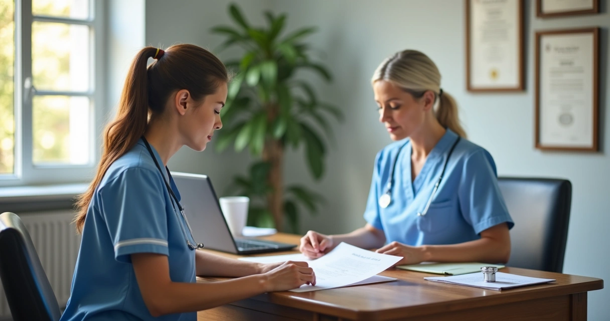 Enfermeira analisando documentos no escritório home care 