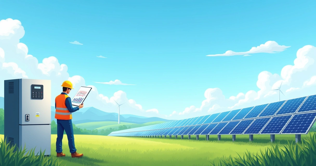Um técnico examinando painéis solares em uma usina fotovoltaica sob céu azul claro.