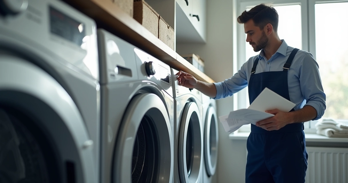 Técnico orientando cliente sobre uso de lava e seca 