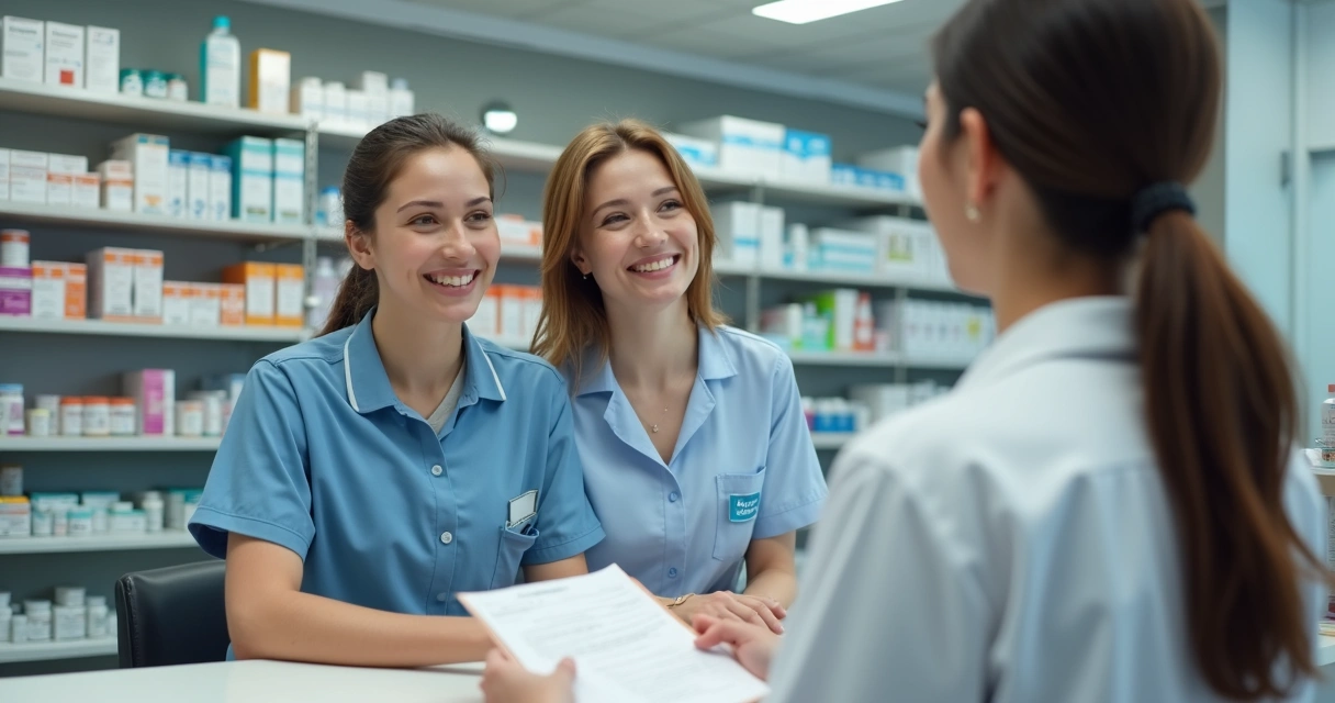 Técnico em farmácia atendendo cliente no balcão de uma farmácia 