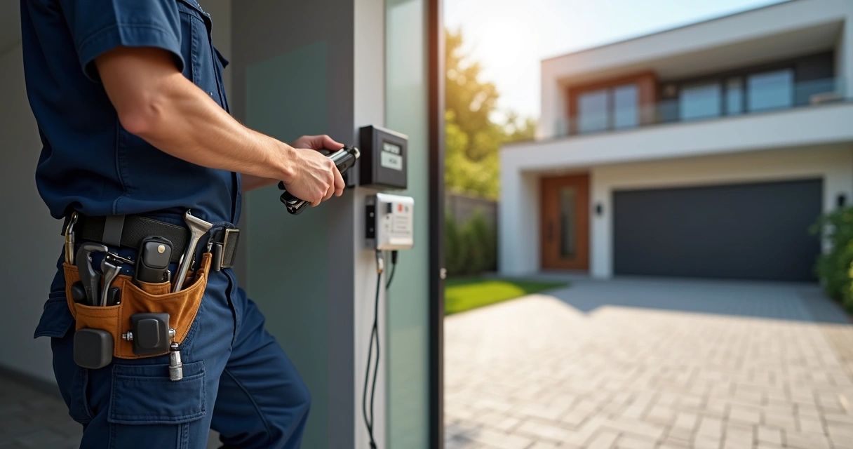 Técnico realizando manutenção preventiva em portão automático externo durante dia claro 