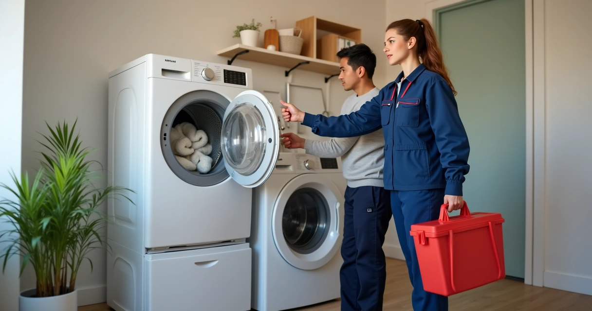 Técnico de manutenção chegando com ferramentas para conserto de eletrodoméstico. 
