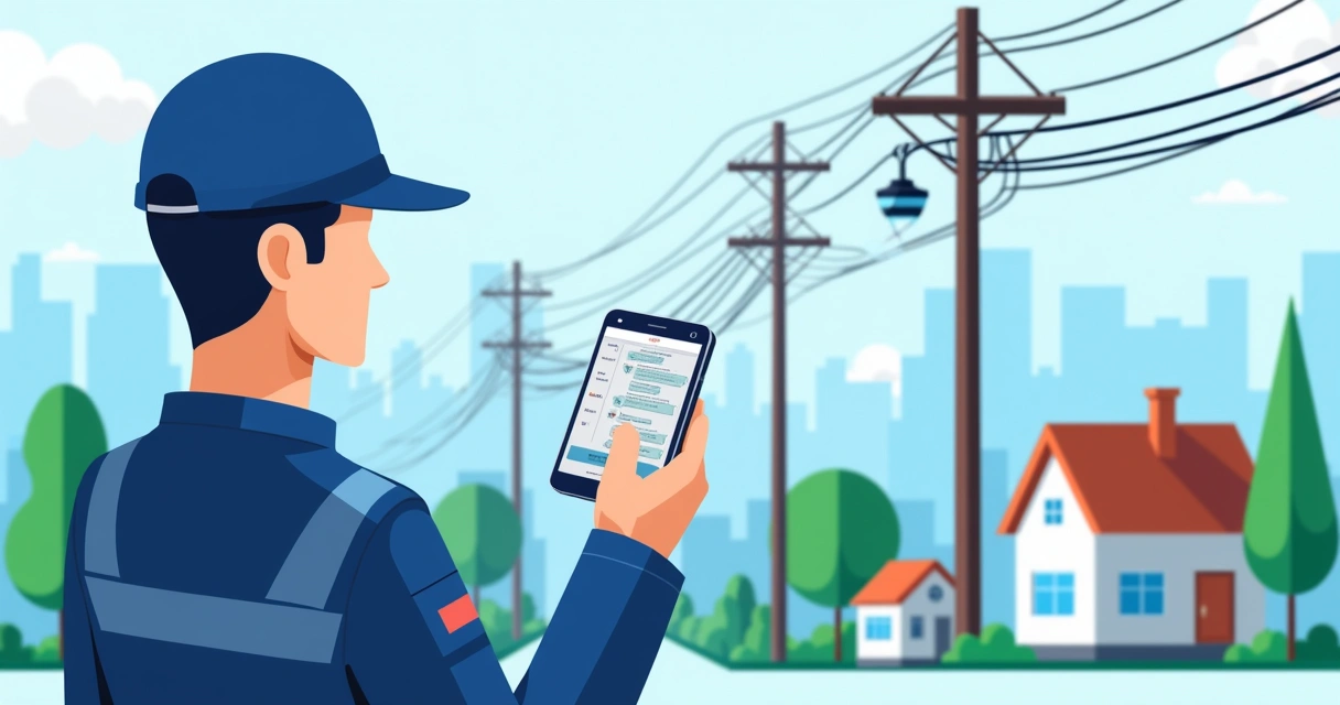 Técnico de telecom utilizando aplicativo para gerenciar tarefas de FTTH 