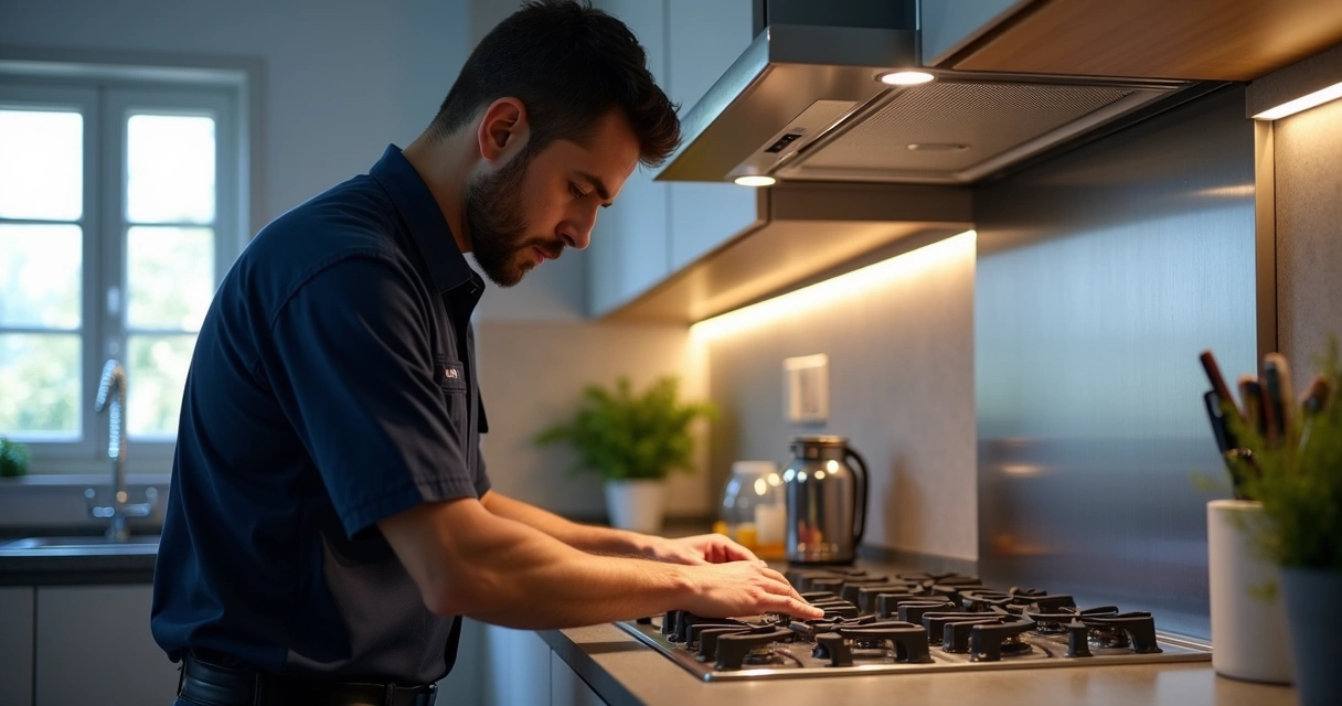 Técnico uniformizado inspecionando fogão em uma cozinha 