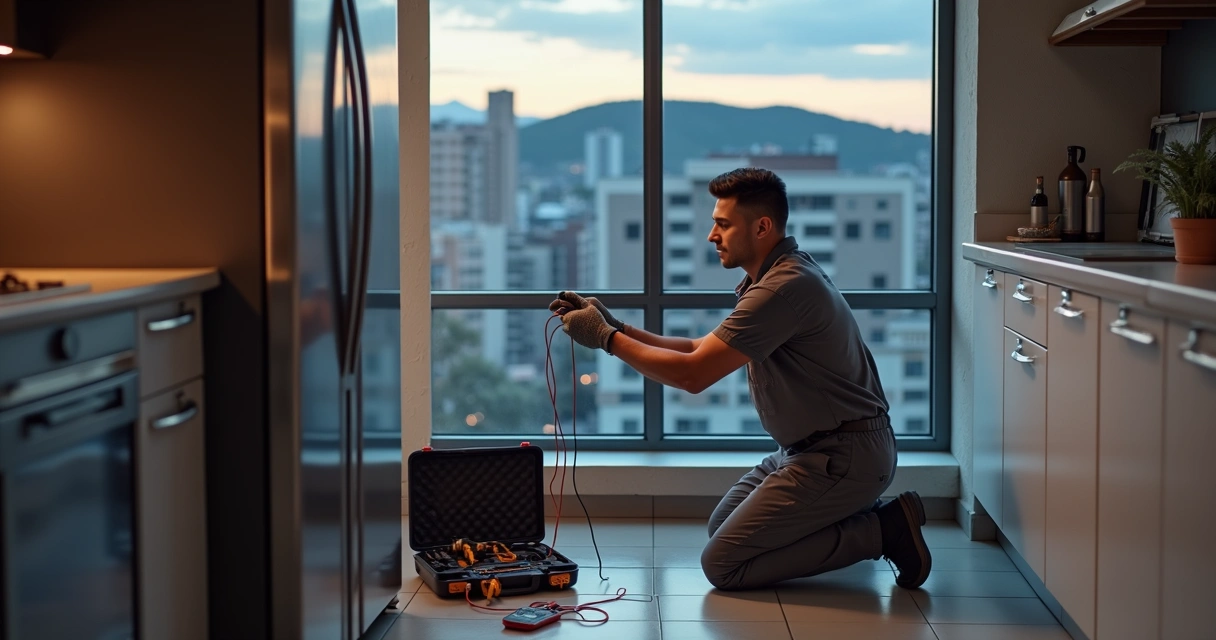 Técnico de geladeira examinando equipamento em cozinha com contorno de Belo Horizonte ao fundo 