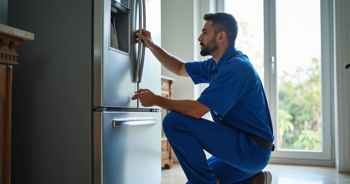 Técnico verificando geladeira em apartamento moderno 