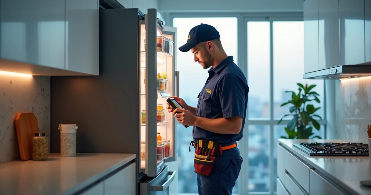 Técnico examinando geladeira em cozinha moderna no bairro de Botafogo 
