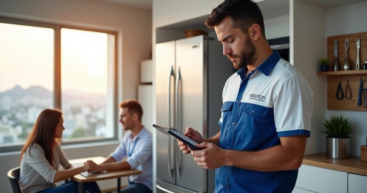 Técnico de geladeira Brastemp mostrando orçamento ao cliente em apartamento no Rio de Janeiro 