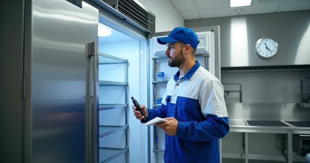 Técnico com uniforme analisando geladeira comercial em Curitiba 
