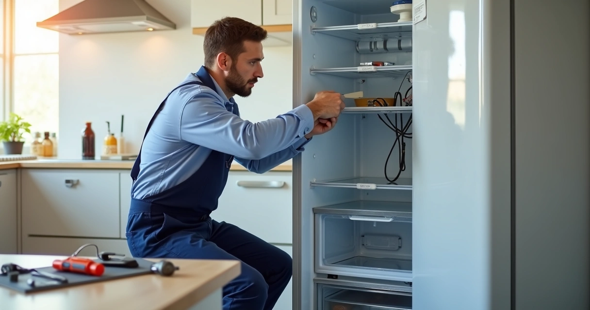 Técnico consertando geladeira em cozinha moderna 