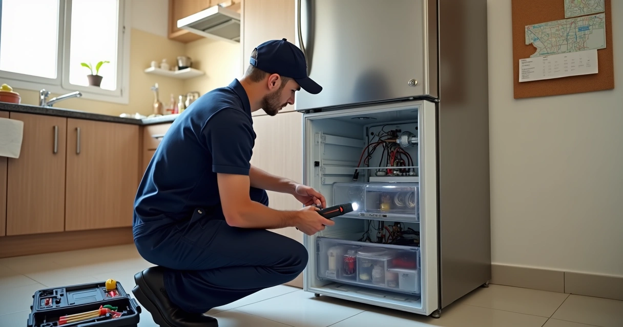 Técnico verificando parte traseira de geladeira em cozinha residencial 