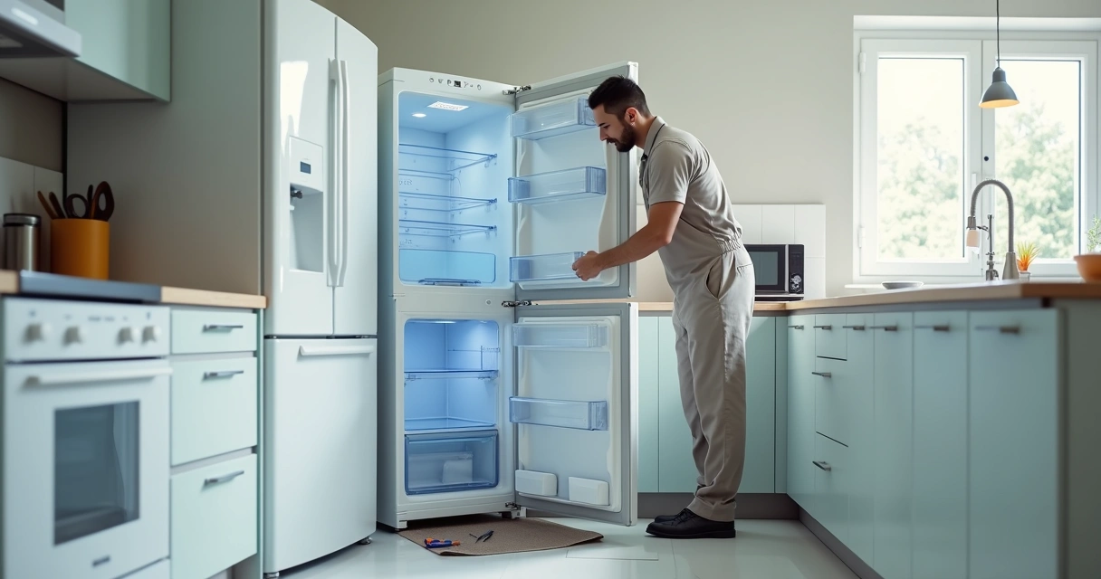 Técnico avaliando geladeira em cozinha residencial 