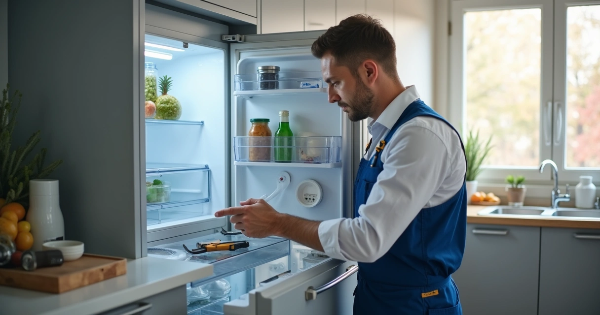 Técnico consertando geladeira aberta na cozinha 