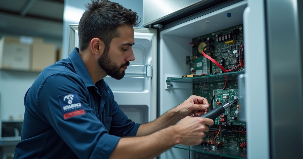 Técnico de geladeira examinando circuito elétrico 