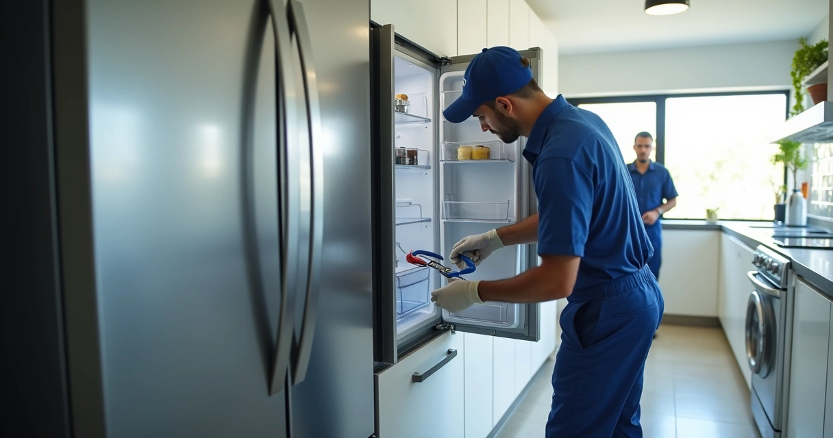 Técnico avaliando geladeira em atendimento domiciliar 