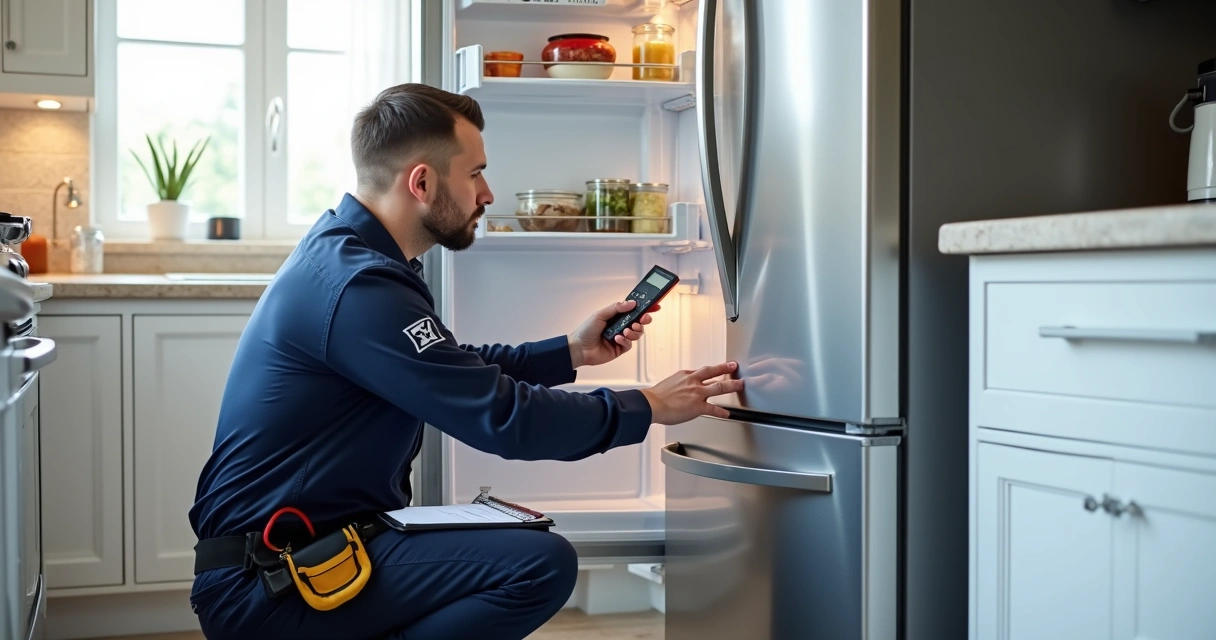 Técnico examinando geladeira Electrolux aberta em cozinha moderna 