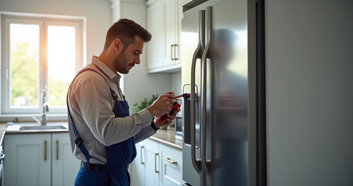 Técnico ajustando a geladeira na cozinha moderna 