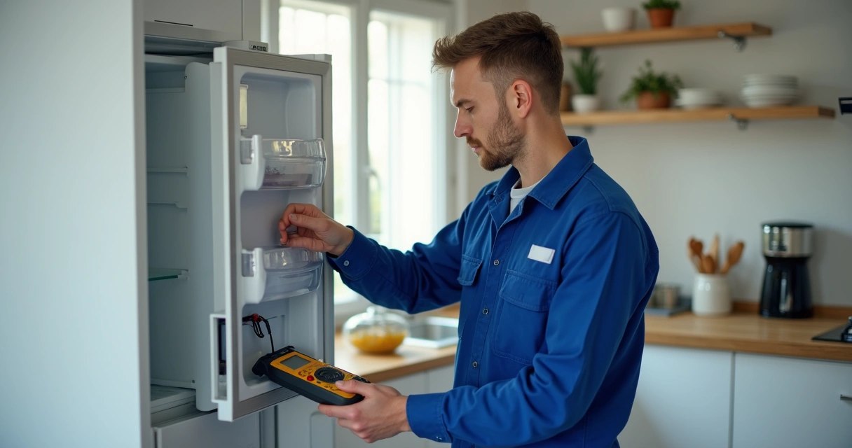 Técnico ajustando geladeira em cozinha residencial. 