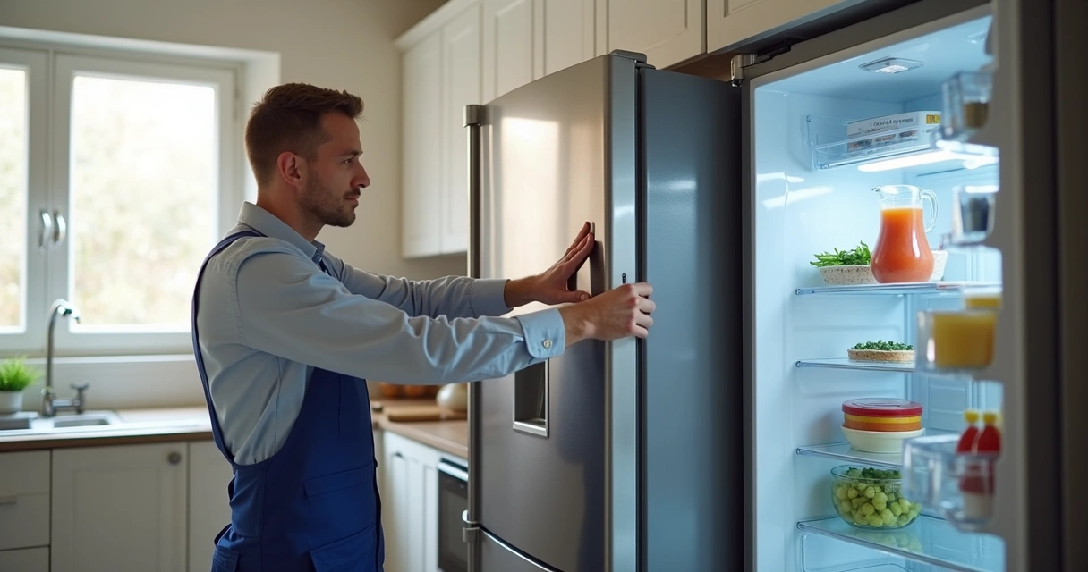 Técnico qualificado consertando geladeira aberta com ferramentas na cozinha 