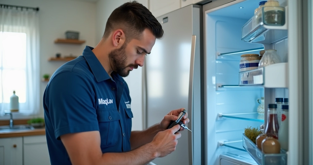 Técnico autorizada MaqLav consertando geladeira em ambiente residencial 