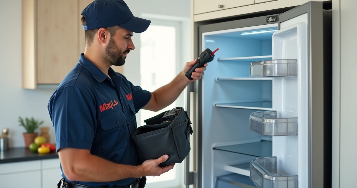 Técnico uniformizado da MaqLav inspecionando geladeira 