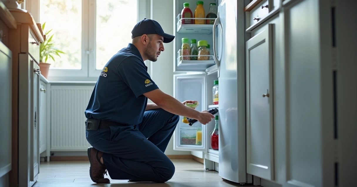 Técnico de geladeira consertando equipamento em cozinha residencial 