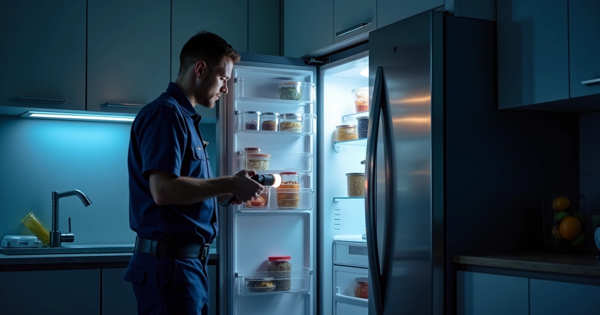 Técnico examinando geladeira em cozinha durante atendimento noturno 