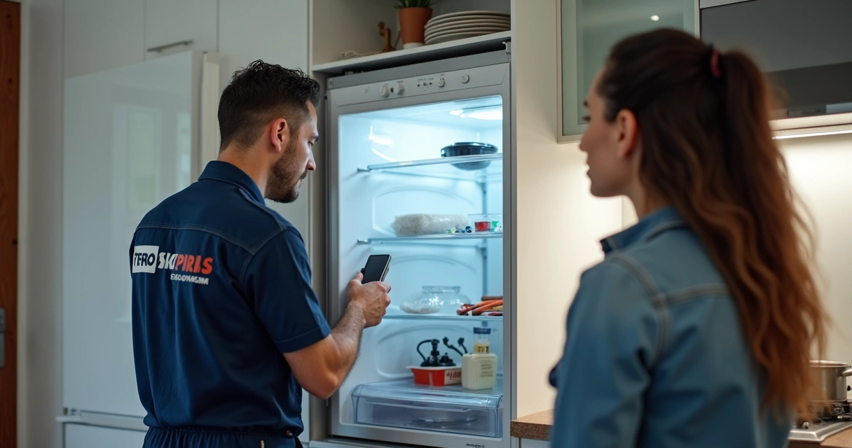 Técnico vistoriando geladeira em casa 