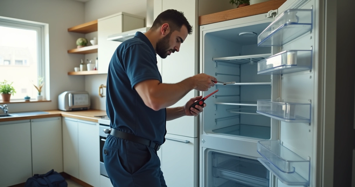 Técnico avaliando geladeira em cozinha 