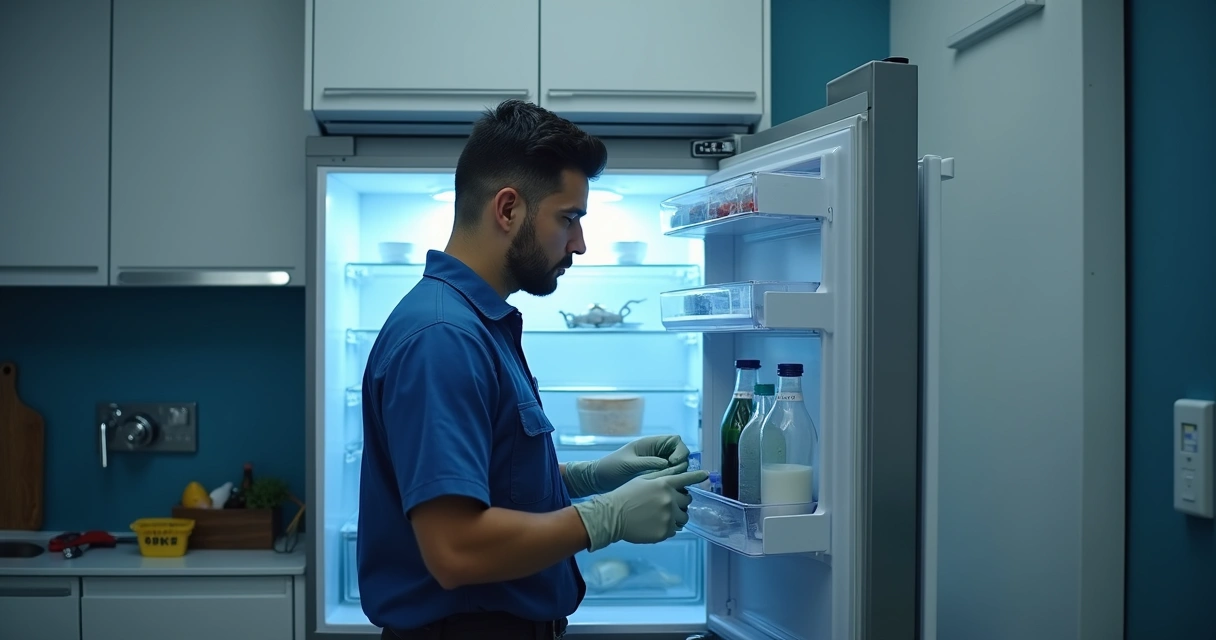 Técnico consertando geladeira dentro de residência na Tijuca 
