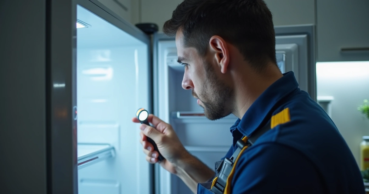 Técnico verificando a borracha da porta da geladeira com lanterninha 