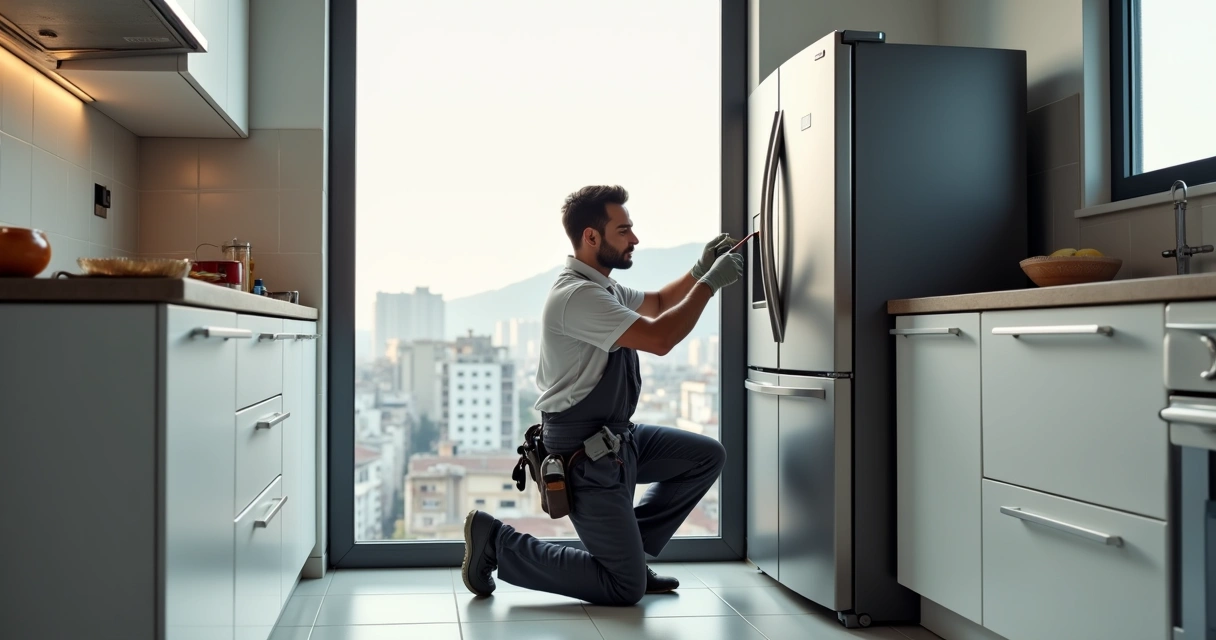Técnico consertando geladeira em cozinha moderna de apartamento na Zona Sul do Rio 