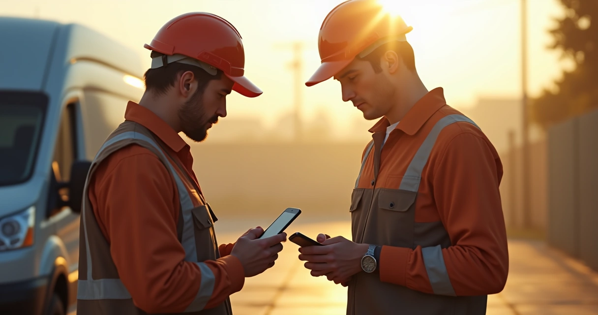 Técnico de campo e gestor usando celular em serviço externo