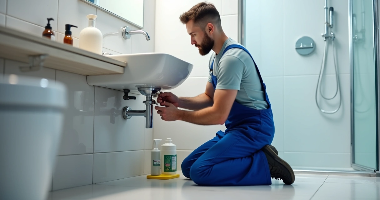 Técnico a fazer manutenção no banheiro de hotel 