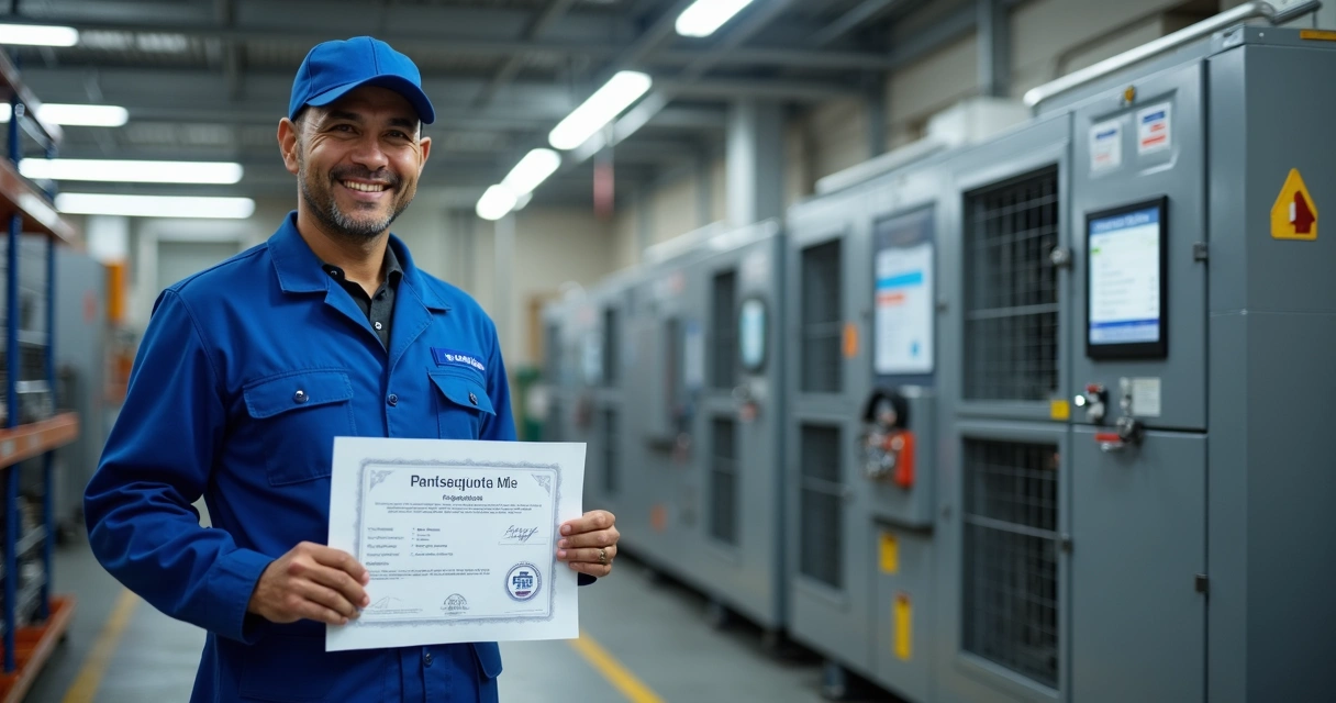 Técnico em HVAC usando uniforme azul mostra certificado com orgulho 