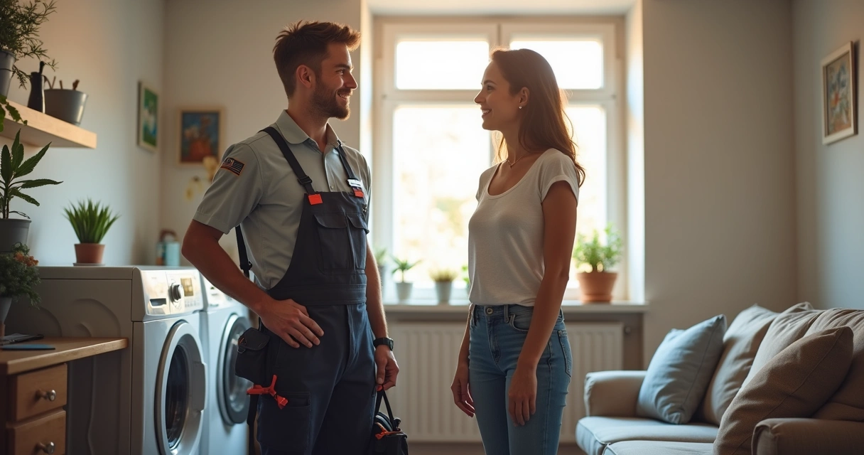 Técnico uniformizado e identificado conversando com cliente na sala 