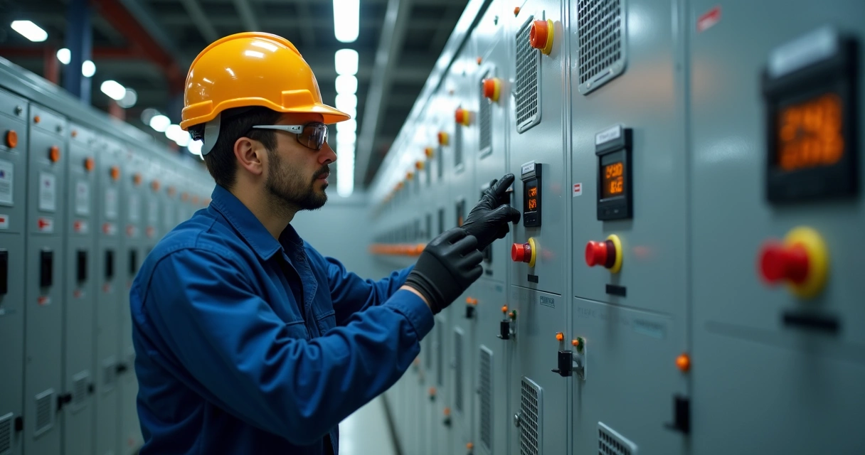 Técnico inspecionando painéis elétricos em subestação industrial 